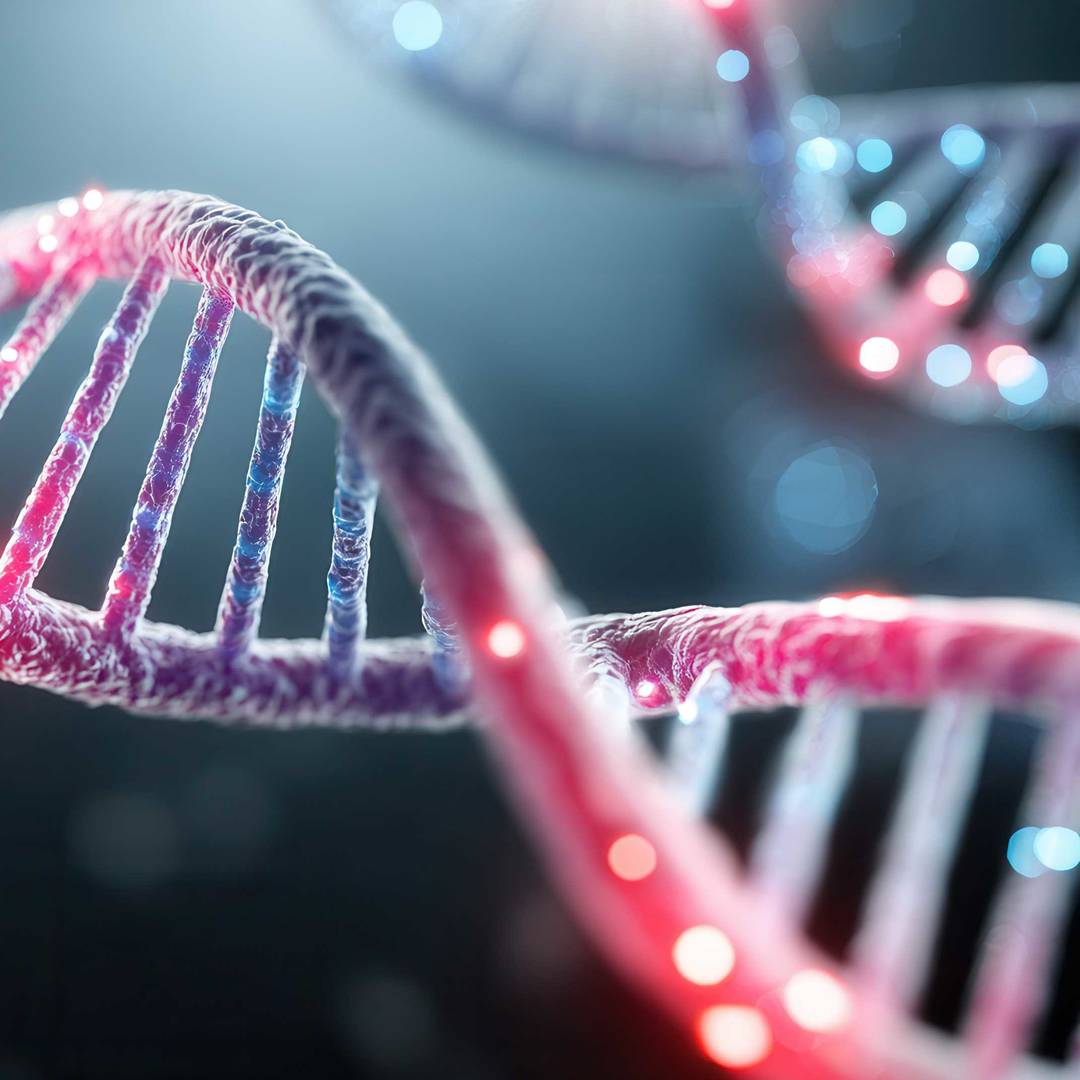 Close-up 3D rendering of a glowing DNA double helix with pink and blue strands against a soft, blurred background.